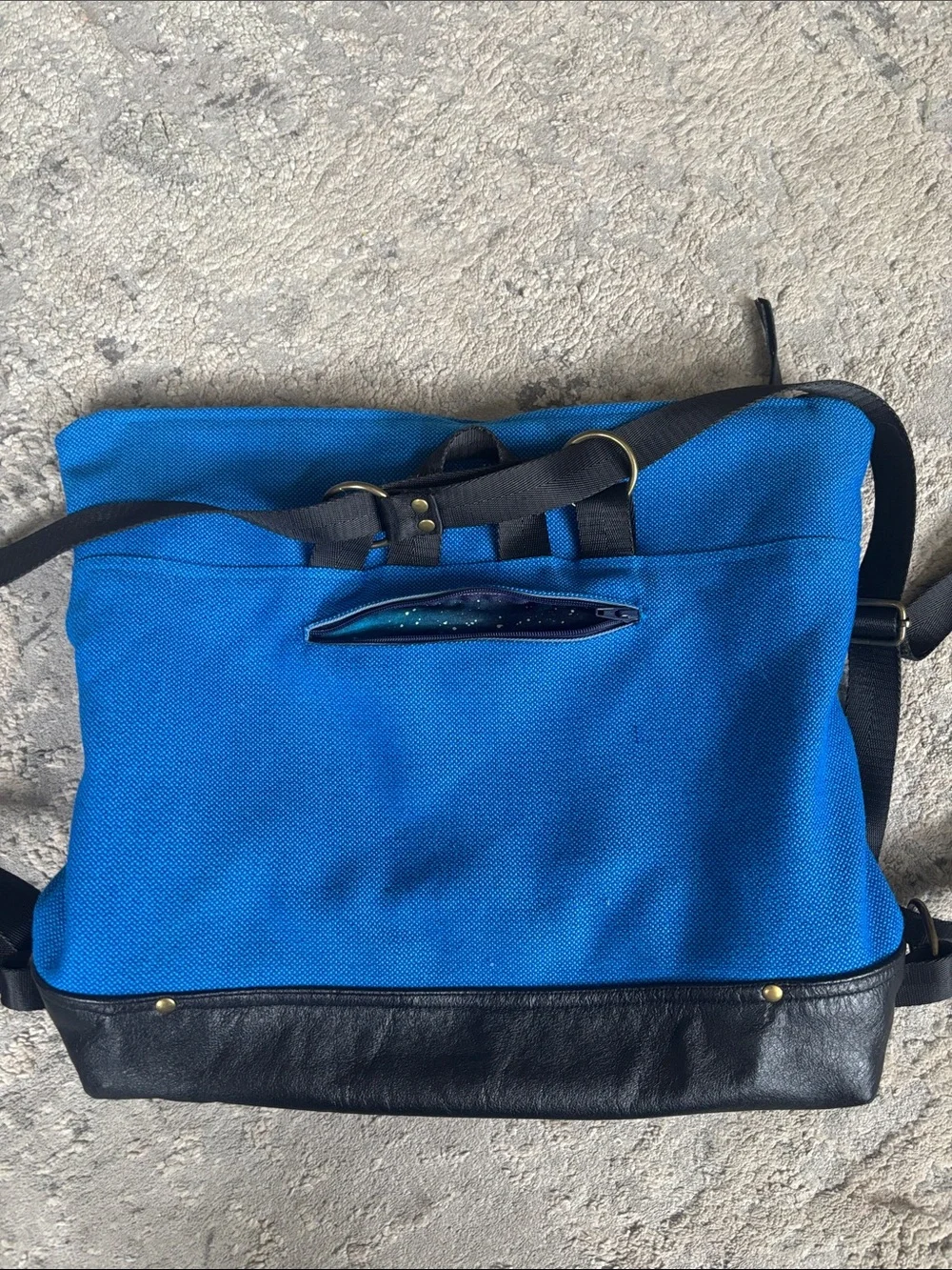 Blue Canvas Messenger Bag with Black Leather Trim